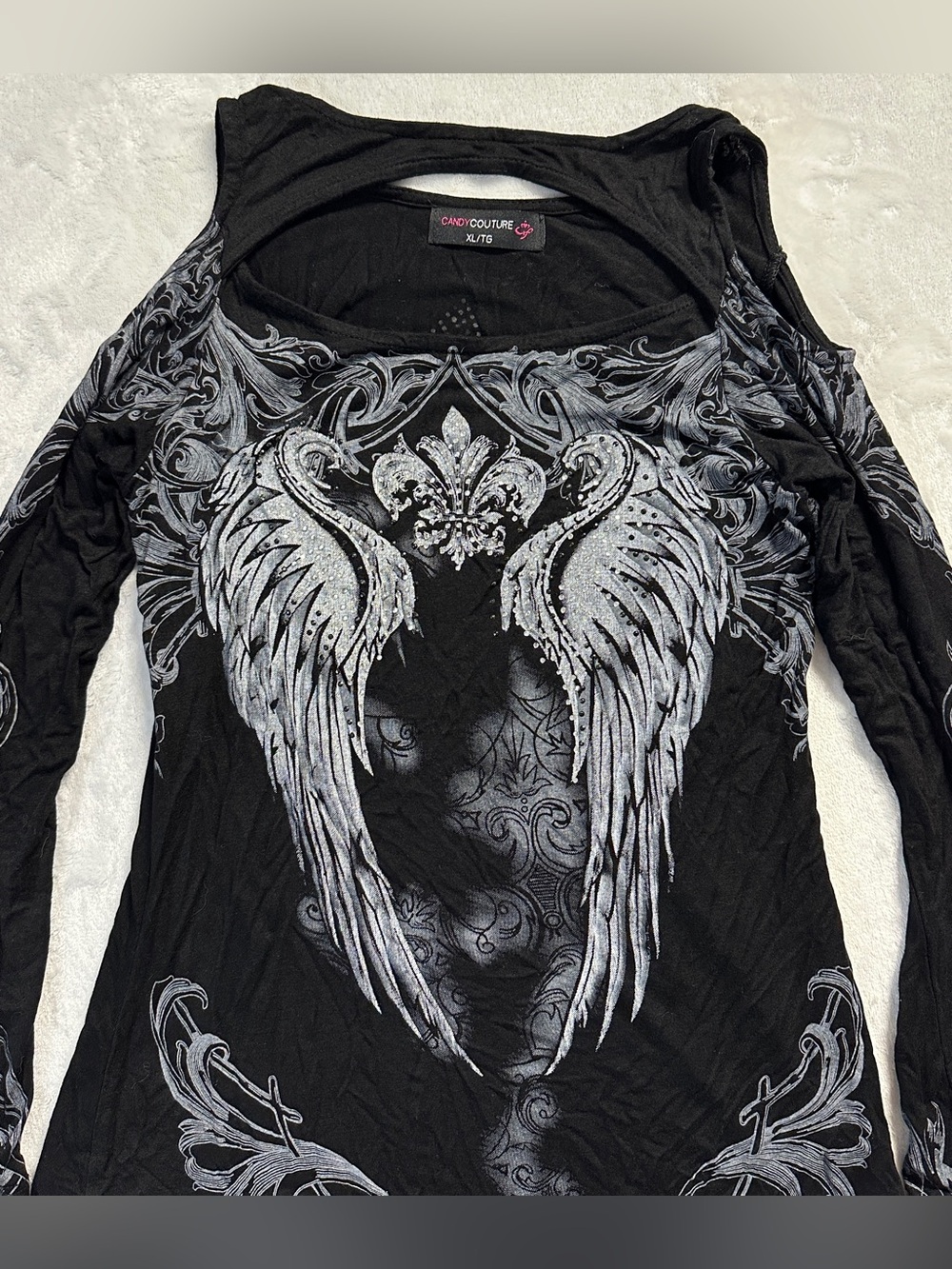 Y2K CANDY COUTURE women's black silver punk fleur de lis off shoulder top, S-M - Picture 3 of 5